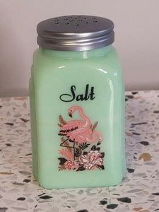 Vintage Jadeite Drepression Style Glass Art Deco Pink Flamingo Salt Shaker MCM